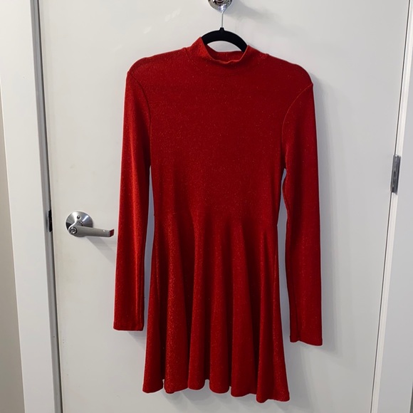 Long Sleeve Red Sparkle Skater Dress With Spandex Stretch - Picture 1 of 5
